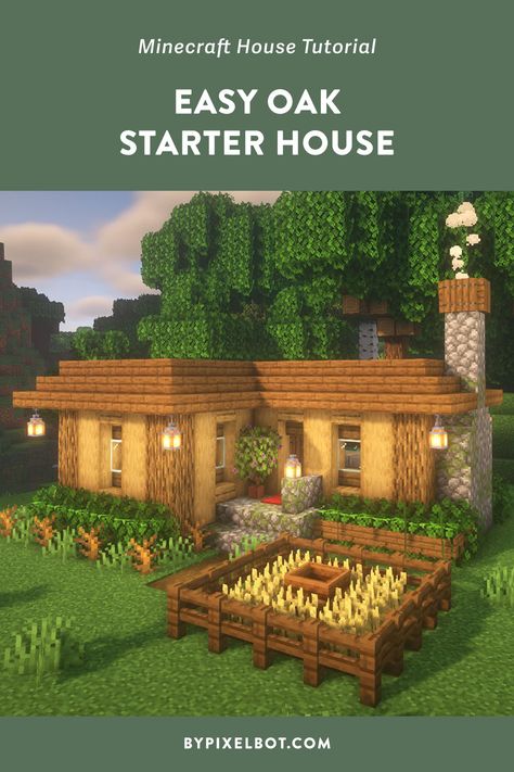 Minecraft: How to Build an Oak Starter House Wooden Minecraft House, Big Minecraft Houses, Minecraft Small House, Minecraft Starter House, Cottage Minecraft, Minecraft Houses Survival, Starter House, L Shaped House, Bangunan Minecraft