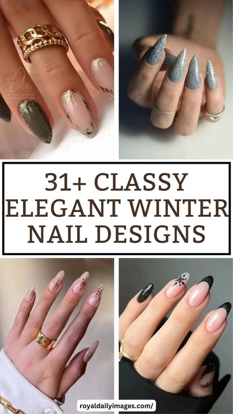 Elegant Winter Nail Designs | 31+ Classy Looks to Obsess Over Almond Shape Nails Designs Winter, New Year Classy Nails, New Years Nail Designs Almond Shape, January Nail Designs Almond Shape, Classy January Nails, Winter Almond Nail Designs, January Nail Art Winter, Winter Nails Elegant, Fancy Winter Nails