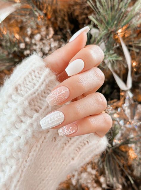 Christmas Nails With Sweater Design, Sweater Snowflake Nails, Sweater And Snowflake Nails, White Christmas Sweater Nails, Winter Nails Sweater Art Designs, Nude Winter Nails Acrylic, Holiday Sweater Nails, Sweater Winter Nails, Sweater Art Nails