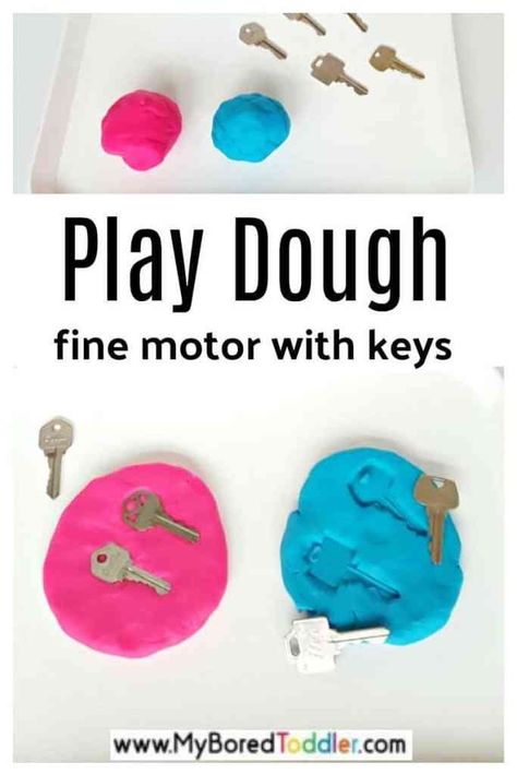 Fine Motor with Keys in Play Dough - a fun fine motor activity idea for toddlers and preschoolers - indoor fun for toddlers Fyn Motoriese Aktiwiteite, Infant Learning, Prek Activities, Toddler Sensory Bins, Game For Toddlers, Dough Ideas, Toddler Parenting, Fine Motor Activity, Fine Motor Activities For Kids