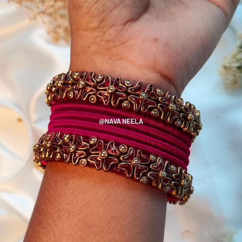 Semi-bridal maroon, rich and deep, In every twist, traditions keep. A love so strong, forever to sweep. ❤️💫💍 . . . Design Code - Nava0051 . . “Get yours now in your favorite color! 🎨✨" . . "Customize bangles with raw silk thread! 🎨💫@nava.neela" . . DM us on Instagram or WhatsApp to 8300830771 . . #navaneela #bangles #silkthreadbangles #silkthreadjewelry #kundanbangles #weddingbangles #bridalbangles #returngifts #festivebangles #southindianbangles #bride #bangleset #weddinginspiration #Indianw... 3d Silk Thread Bangles, Thread Bangles Silk Handmade, Tread Bangles, Fabric Bangles, Silk Thread Bangles Design, Thread Bangles Design, Fairy House Crafts, Attitude Girl, Colorful Bangles