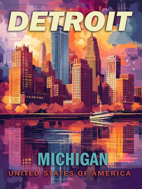 Detroit, Michigan | Vintage Poster - Vintage Posters Edisto Island, Italy Poster, New River Gorge, New York Poster, Sorrento Italy, Nassau Bahamas, Space Poster, Vintage Travel Poster, New River