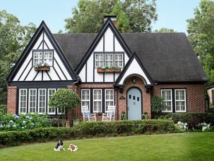 Tudor House Exterior, Best Exterior Paint, Dark Trim, House Shutters, Hgtv Magazine, Cottage Style Home, Tudor Style Homes, Style Cottage, Charming House