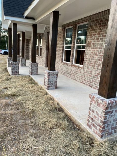 House Posts Columns Front Porches, Brick Around Porch Post, Front Porch Columns With Brick, Brick And Wood Porch Columns, Porch Columns With Brick Base, Brick House Wood Columns, Brick Pillars Porch, Brick Columns Porch, Columns With Stone Base