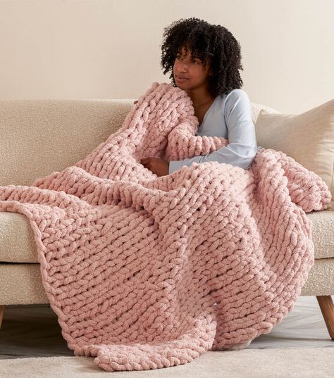 How To Make Bernat Blanket Extra Super Stocking Stitch Knit Blanket Online | JOANN Stocking Stitch Knitting, Wool Sofa, Chunky Knit Throw Blanket, Cable Knit Throw, Knitting Patterns Free Beginner, Bernat Blanket, Crochet Cozy, Chenille Throw, Chunky Knit Throw