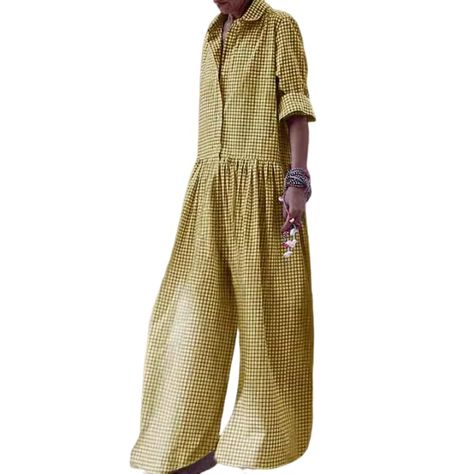 PRICES MAY VARY. Material: This women long sleeve plaid print jumpsuit is made of polyester, soft, comfy, skin-friendly, breathable, lightweight and stretch. Great for Spring and Fall. Features: One piece outfit features turn-down collar, v neck, long sleeve, button-down closure, classic plaid print, casual style, loose waist, shapeless silhouette, extra long wide leg pant. Match: You can pair it with heels, sneakers, slippers, loafers and sandals for a fashionable and casual look. Occasion: Thi Jumpsuits For Women Casual Fall, Top Heavy Body Shape Outfits, Jumpsuit Fall Outfit, Pant Overalls, Sneakers Slippers, Vacation Shopping, Plaid Jumpsuit, Jumpsuit Fall, Wide Leg Romper