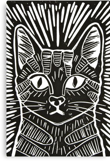 Cat Portrait Lino Print" Canvas Prints by Adam Regester | Redbubble                                                                                                                                                                                 More Cetakan Lino, Linoleum Print, Linocut Printmaking, Lino Art, Relief Printing, Linocut Art, Ink Artwork, Art Deco Stil, Cat Portraits