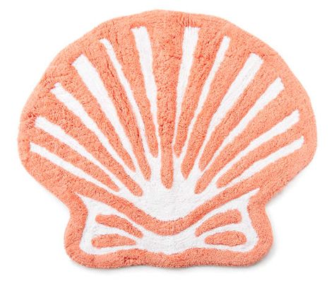 Elevate your bathroom's décor while providing a soft place to step after a bath or shower. This coastal-inspired bath rug features a seashell shape in vibrant coral. It's a beautiful addition to a master or guest bathroom. Cute Coastal Bathroom, Beach Bath Mat, Preppy Bathroom Decor Shower Curtains, Beachy Rugs, Beachy Rug, Summer Rug, Coastal Bathroom Ideas, Hawaii Decor, Surf Room Decor