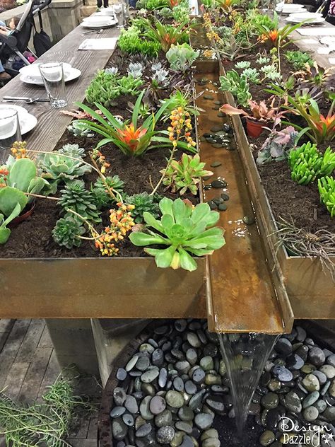 I love this indoor garden tablescape! It is so beautiful. Check it out on Design Dazzle. Meja Outdoor, Indoor Water Fountains, Succulent Garden Design, Jardim Diy, Succulents Indoor, Have Inspiration, Succulent Terrarium, Succulent Arrangements, Garden Care