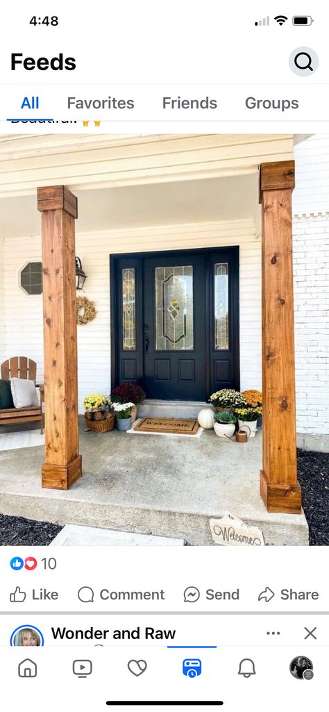 Stained Porch Columns, Columns On Front Porch, Front Porch Pillars, Porch Pillars, Front Porch Columns, Porch Remodel, Wood Columns, Porch Columns, Porch Posts