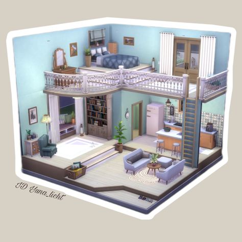 Sims 4 cozy loft without cc. My ID is Yuna_licht. #ts4 #sims4 #ts4loft #sims4loft Ts4 Interior, Sims 4 Loft, Cozy Loft, Sims Houses, Sims Builds, Room Layouts, Sims Ideas, Sims 4 House Design, Sims 4 Teen