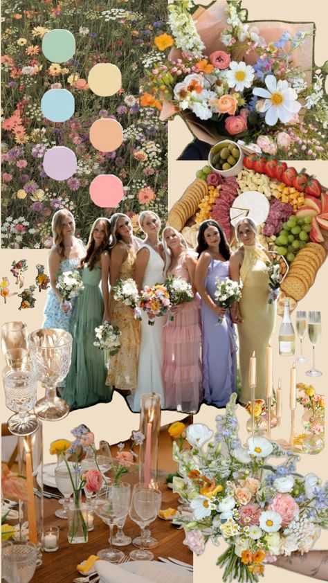 Wildflowers, antique glassware, candlesticks, pastels, snacks, champagne, ruffles, and FUN! Pastel Wildflower Wedding, Wedding Color Pallet, Let's Get Married, Antique Glassware, Garden Party Wedding, Pastel Wedding, Wildflower Wedding, Wedding Mood Board, Wedding Mood