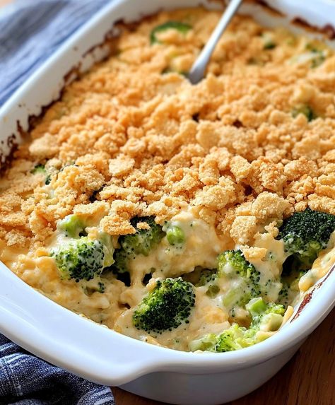 Creamy broccoli cheese casserole topped with buttery Ritz crackers. A simple and delicious family favorite.