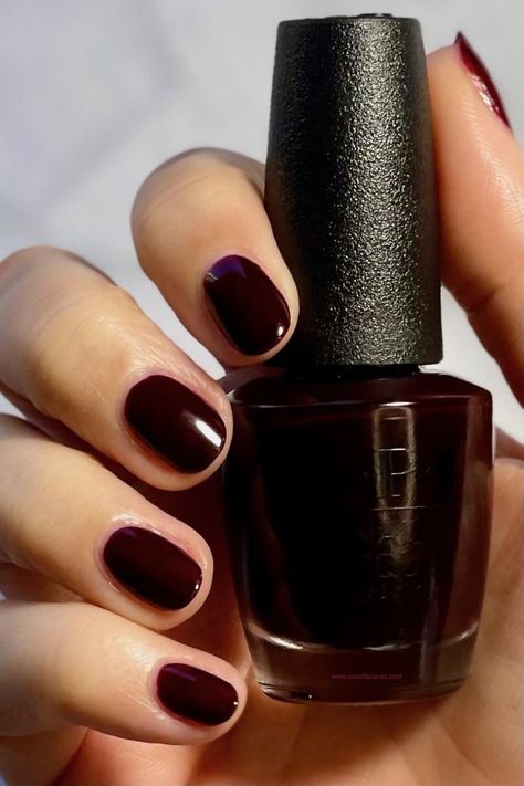 OPI Complimentary Wine swatch Dark Plum Nail Color, Dark Autumn Nails Colour, Opi Wine Colors, Opi Dark Red Nail Polish, Red Wine Nail Color, Black Cherry Nail Color, Opi Complimentary Wine, Short Dark Nails, Dark Cherry Nails