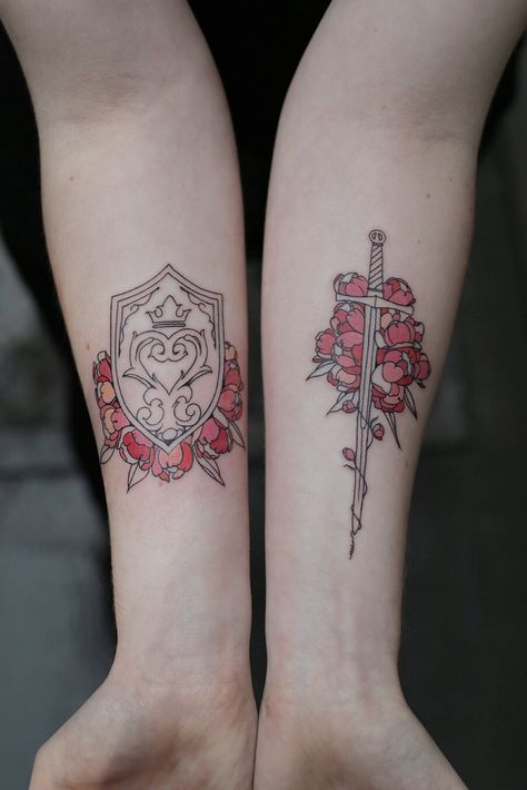 Sword and shield Shield Tattoo, Couple Matching Tattoo, Dagger Tattoo, Red Baron, Matching Tattoo, Book Tattoo, Tattoo Designs And Meanings, Back Tattoos, Matching Tattoos