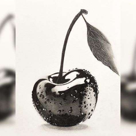 The Solitary Cherry Graphite Pencil Drawing.I have employed shades of black and grey to bring out the cherry's glossy surface, with highlights suggesting the reflection of a gentle light. Each droplet and detail on the fruit's surface is meticulously drawn to create a realistic texture. The leaf and stem enhance the composition, adding a touch of elegance to the solitary subject. It's a classic study in tone and texture, emphasizing simplicity and the beauty of everyday objects. #drawing #pen... Pencil Drawing Realistic Objects, Pencil Art Drawings Shading, Pencil Drawings Shading, Detailed Pencil Drawings, Drawing Ideas Realism, Realistic Sketches Objects, Fruit Drawing Realistic, Realistic Sketches Nature, Pencil Realistic Drawings