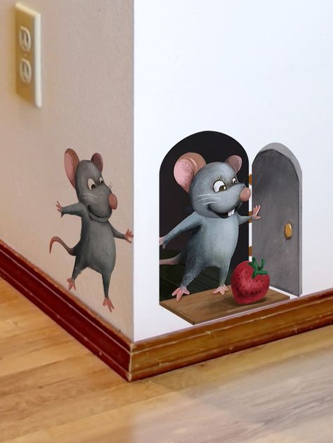 Multicolor  Collar  PVC Animal Wall Stickers Embellished   Home Decor Steps Indoor, Wall Bookcase, Mouse Wall, Mouse Hole, Wall Sticker Design, Funny Rats, Break Wall, Adhesive Wall Art, Mouse Pattern