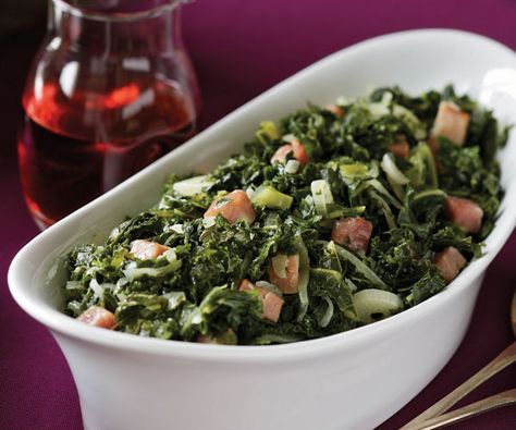 Black Kale with Ham, Garlic & Onion - Recipe - FineCooking Kale Recipes Healthy, Pork Hock, How To Cook Kale, Kale Recipes, Fine Cooking, Retreat Center, Smoked Ham, Onion Recipes, Ham Recipes