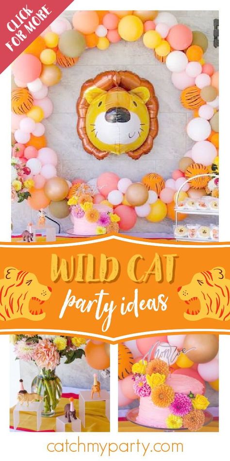 Check out this wild cat birthday party! The party decorations are fantastic! See more party ideas and share yours at CatchMyParty.com #catchmyparty #partyideas #wildcat #tigers #wildcats #wildcatparty #girlbirthdayparty Jungle Cat Birthday Party, Big Cat Birthday Party, Wild Cats Birthday Party, Wild Cat Party, Big Cats Birthday Party, Tiger Party Decorations, Big Cat Themed Birthday Party, Wild Cat Birthday Party, Tiger Themed Birthday Party