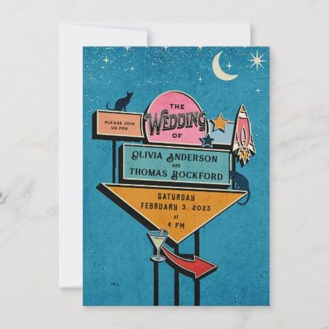 $1.79 | Retro Wedding Invite Sign Invitation | Wedding Invitations | wedding invite, retro, billboard sign, vintage, funny, futuristic, bold typography, teal blue pink orange, trendy, cool Retro Wedding Invitations, Billboard Signs, Bold Color Schemes, Wedding Anniversary Invitations, Anniversary Invitations, Retro Wedding, Bold Typography, Futurism, Retro Futurism