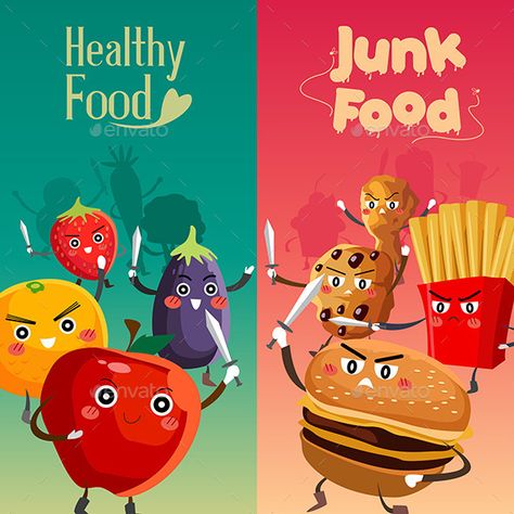 Healthy Food Versus Unhealthy Food Healthy Eating Posters, Healthy Food Packaging, Healthy Junk Food, Food Characters, Nutrition Poster, Fatloss Transformation, Healthy And Unhealthy Food, Exercise Lifestyle, Food Cartoon