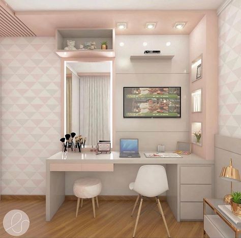 Escrivaninha com painel, penteadeira, luminárias, nichos, gavetas. Das cores cinza, rosa e branco. Dorm Design, Modern Beds, Hiasan Bilik Tidur, Dorm Bedroom, Study Room Decor, Girl Bedroom Designs, Teen Bedroom Decor, Room Design Bedroom, Girl Bedroom Decor