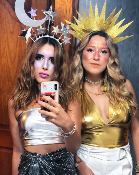 The best college halloween costume ideas for college girls. #collegehalloween #hothalloweencostumes #collegehalloweencostumes Celestial Halloween Costume, Moon Costume Diy, Sun Halloween Costume, Costume Ideas For College, Sun Costume, Sun And Moon Costume, Halloween Diy Costume, Halloween Costumes For College, College Halloween Costume Ideas