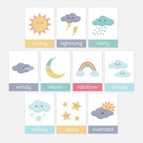 Diy Flashcards, Weather Printables, Weather Flashcards, Preschool Charts, Preschool Weather, Flashcards For Toddlers, Weather Cards, Color Flashcards, Moon Rainbow