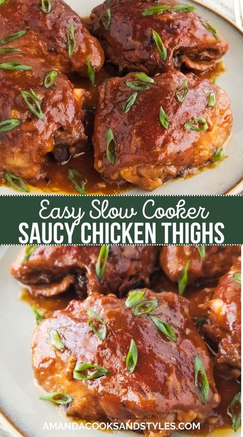 Slow Cooker Saucy Chicken Thighs – Tender and delicious chicken thighs seared golden brown then cooked low and slow in a savory sauce. This is the perfect easy dinner recipe. Chicken Thighs Slow Cooker Recipes, Saucy Chicken, Crockpot Chicken Thighs, Slow Cooker Chicken Thighs, Savory Chicken, Best Slow Cooker, Savory Sauce, Delish Recipes, Crockpot Recipes Slow Cooker