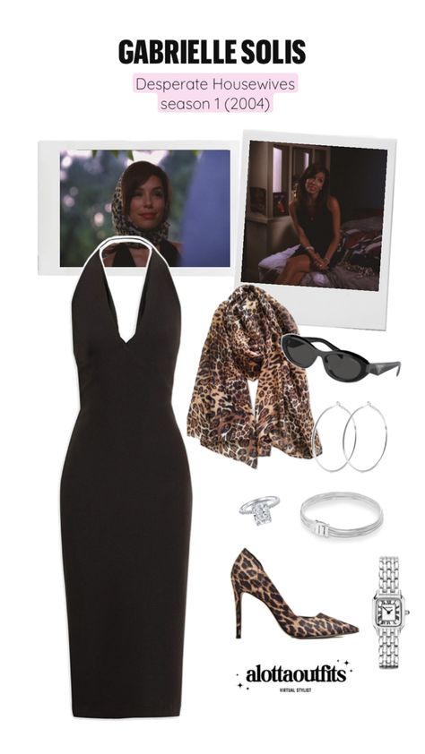 Gabrielle Solis inspired outfit featuring a fitted black dress, leopard heels, and statement jewelry Gabriella Desperate Housewives, Gabriella Solis Aesthetic, Desperate Housewives Style, Gabriel Desperate Housewives, Gaby Solis Hair, Gabby Desperate Housewives Outfits, Gabriella Solis Outfit, Gabby Desperate Housewives, Gabi Solis Outfits