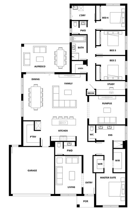 Australian House Plans, Hotondo Homes, House Plans South Africa, Architectural Ideas, Three Bedroom House Plan, Hoosier Cabinet, Home Design Floor Plans, House Construction Plan, One Story Homes