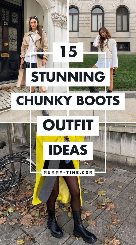 Chunky boots are the perfect statement piece! 🥾💖 Discover cute outfit ideas that show you how to style these trendy boots effortlessly. Whether for a night out or a casual day, find your perfect look here! Don’t forget to save this pin for future inspiration! 📌✨ How To Wear Hunter Boots Outfits, Maxi Skirt Chunky Boots, Tall White Lug Boots Outfit, Embellished Boots Outfit, Silver Ankle Boots Outfit Style, Chunky Boot Work Outfit, Styling Chunky Black Boots, Women’s Boots Outfit, Chunky Boots Outfit Ideas