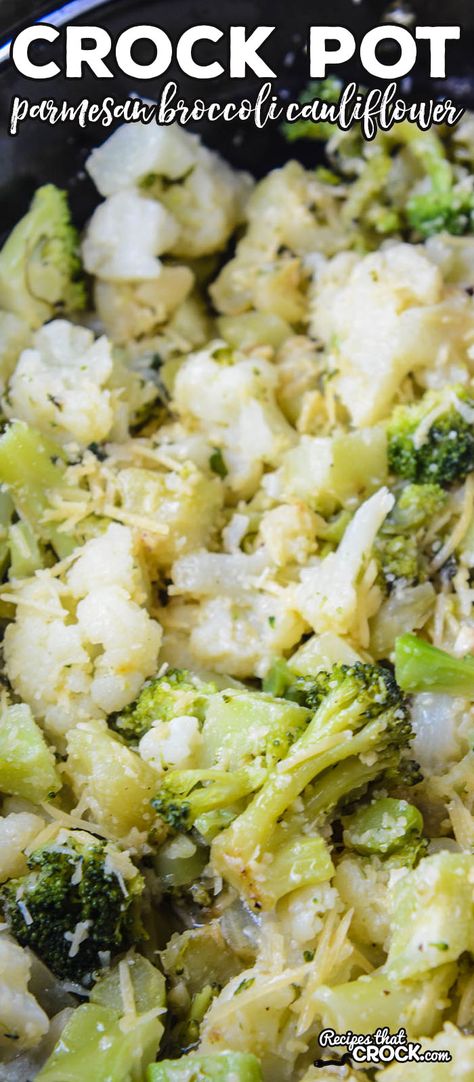 Are you looking for an easy side dish for family dinner? Our Crock Pot Parmesan Broccoli Cauliflower Recipe is a simple side dish with a lot of flavor. Pot Luck Veggie Dishes, Crockpot Cauliflower, Broccoli Cauliflower Recipes, Thanksgiving Side Dishes Crockpot, Crockpot Veggies, Crock Pot Vegetables, Crockpot Side Dishes, Thanksgiving Side Dishes Healthy, Parmesan Broccoli