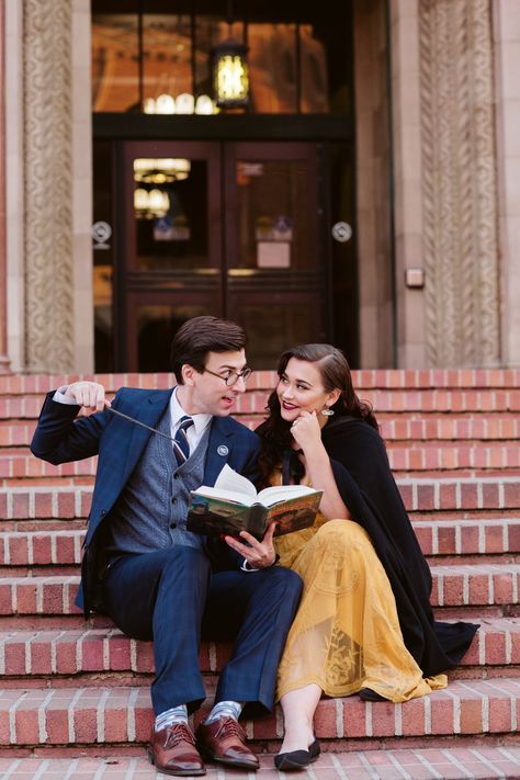 Harry Potter Hufflepuff and Ravenclaw Engagement Photos Hufflepuff And Ravenclaw, Harry Potter Engagement, Engagement Captions, Engament Photos, Harry Potter Couples, Themed Engagement Photos, Engagement Instagram, Harry Potter Wedding Theme, Engagement Posts