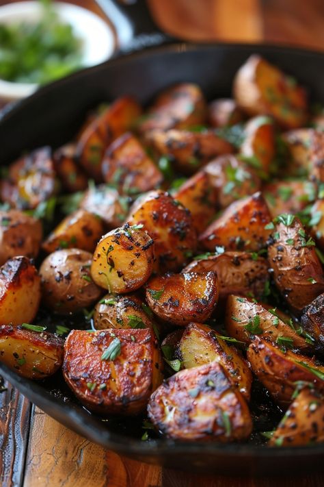 Golden, roasted potatoes garnished with fresh herbs in a skillet. Seasoned Diced Potatoes, Cambray Potatoes Recipes, Potatoes On The Stove Top, Ways To Prepare Potatoes, Southern Potato Recipes, Pan Fried Potatoes Recipe, Sauted Potatoes Recipes, Pan Fried Red Potatoes, Crispy Fried Potatoes Skillet