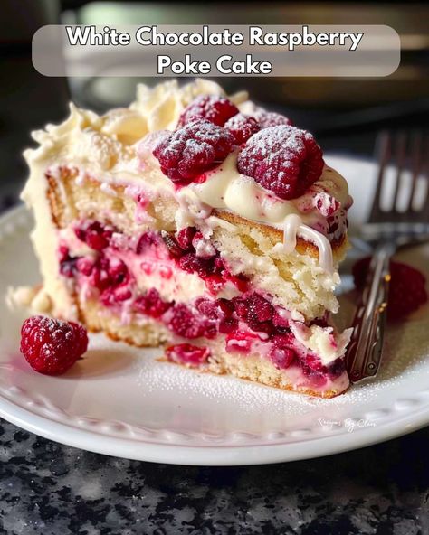 Daily Recipes and Tips 😋 The Original | 🍰 White Chocolate Raspberry Poke Cake 🍫🍓 | Facebook White Chocolate Raspberry Poke Cake, Chocolate Raspberry Poke Cake, Raspberry Poke Cake, White Chocolate Raspberry Cake, Chocolate Poke Cake, Raspberry Desserts, Chocolate Spoons, Poke Cake Recipes, White Chocolate Ganache