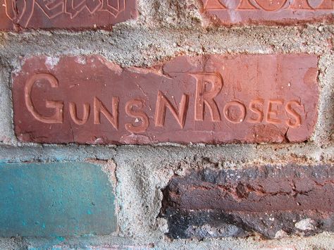 Guns N Roses carved into the brick wall at the Rainbow Bar and Grill on Sunset Blvd in Los Angeles Hollywood, California by RYANISLAND, via Flickr Rainbow Bar And Grill, Hollywood Babylon, Rainbow Bar, Los Angeles Hollywood, Sunset Blvd, Bar And Grill, Rock And Roll Bands, Judas Priest, The Brick