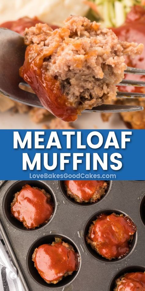 Meatloaf Muffins pin collage High Protein Meatloaf, Muffin Pan Meatloaf, Pan Meatloaf, Meatloaf Muffins Recipe, Mini Meatloaf Recipes, Mini Meatloaves, Meatloaf Muffins, Classic Meatloaf Recipe, Good Meatloaf Recipe