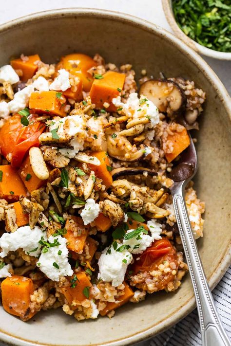 Sweet Potato and Mushroom Grain Bowl Recipe - Fit Foodie Finds Mushrooms And Sweet Potatoes, Mushroom Grain Bowl, Mushroom Buddha Bowl, Sweet Potato And Mushroom Recipes, Brown Rice Sweet Potato Bowl, Mushroom Sweet Potato Recipes, Mushroom Bowl Recipe, Sweet Potato Mushroom Recipe, Sweet Potato Grain Bowl