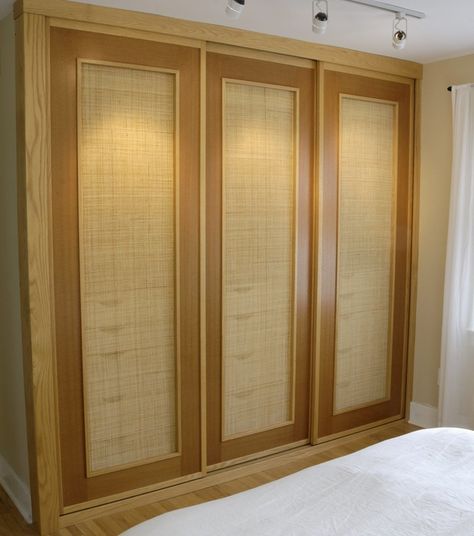 Sliding Closet Doors in red oak, Australian lacewood with woven cane panels. Cane Sliding Wardrobe Doors, Cane Sliding Wardrobe, Shoji Closet Doors, Mid Century Bedroom Furniture, Closet Sliding Doors, Contemporary White Kitchen, Apartment Remodel, Villa Decor, Craft Room Closet