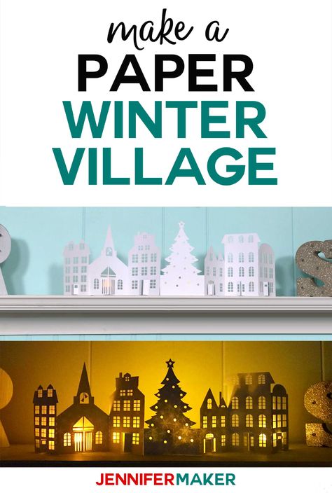 Make a Paper Christmas Village & Houses with this free pattern and SVG cut file for the Cricut! #christmas #papercraft #cricut #luminary #svgcutfile Diy Christmas Village Houses, Paper Christmas Village, Christmas Papercraft, 3d Templates, Jennifer Maker, Diy Christmas Village, House Template, Sweet Paper, Christmas Village Houses