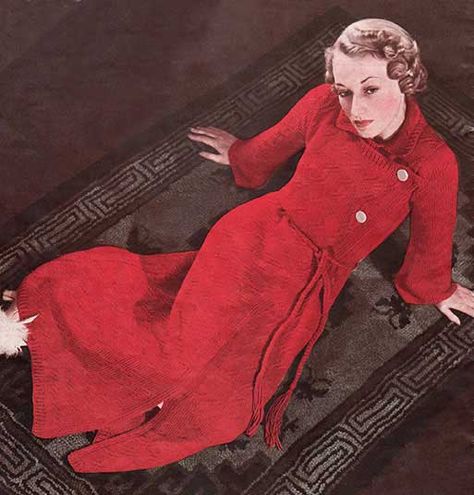 Elsie Dressing Gown Dressing Gown Pattern, Long Gown Dress, Lace Knitting Patterns, Vintage Knitting Patterns, Knitting Wool, 1930s Fashion, Free Knitting Pattern, Dressing Gown, Vintage Knitting