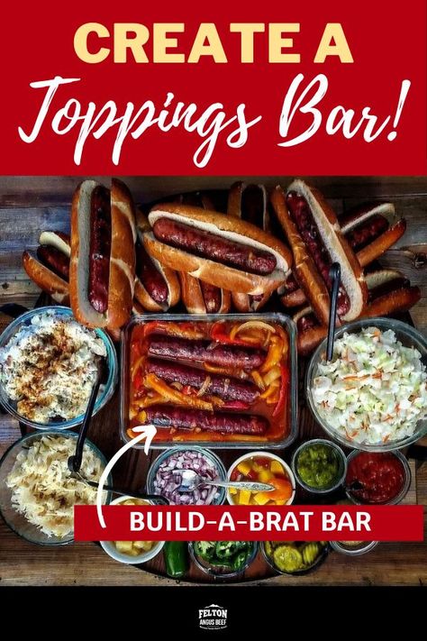 For this Build-A-Brat bar we wanted to show off our go-to toppings for savory and sweet options. #brats #bratwurst #laborday #party #bratbar Bratwurst Party Ideas, Sausage Fest Party, Brats For A Crowd, Beer And Brats Party, Burgers And Brats Party, Bratwurst Topping Ideas, Brat Bar Ideas, Brat Charcuterie Board, Bratwurst Bar Ideas