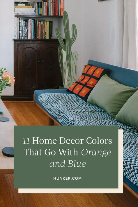 Blue Orange Color Palette Living Room, Blue Green Orange Home Decor, Orange And Blue Living Room, Blue And Orange Living Room, Terracotta Living Room, Blue Family Rooms, Light Blue Living Room, Blue And Green Living Room, Orange Couch