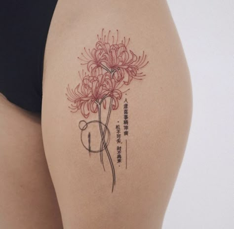 Anime Hip Tattoo, Red Spider Lily Spine Tattoo, Spine Tattoos Japanese, Spider Lily Tattoo Thigh, Red Tattoo Thigh, Black Spider Lily Tattoo, Spider Lily Tattoo Black, Laos Tattoos, Red Chrysanthemum Tattoo