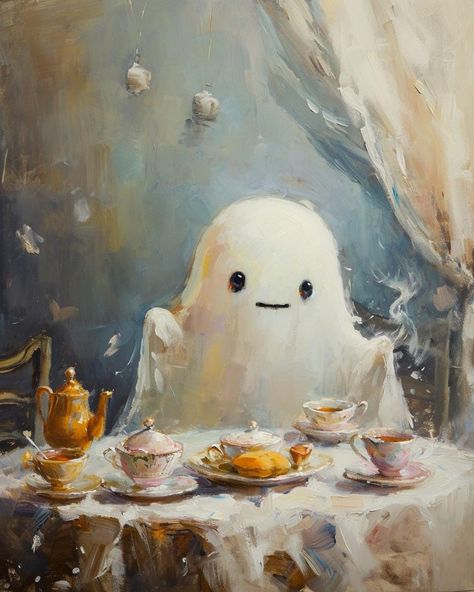 Cute little ghosty enjoys a solitude tea party before he does his little hauntings, Can be downloaded in different sizes after digital download Haunted Tea Party, Little Ghost Drawing, Fantasy Tea Party, Halloween Ghost Illustration, Tea Party Halloween, Tea Party Art, Halloween Decor Cute, Ghosts Halloween, Tee Party