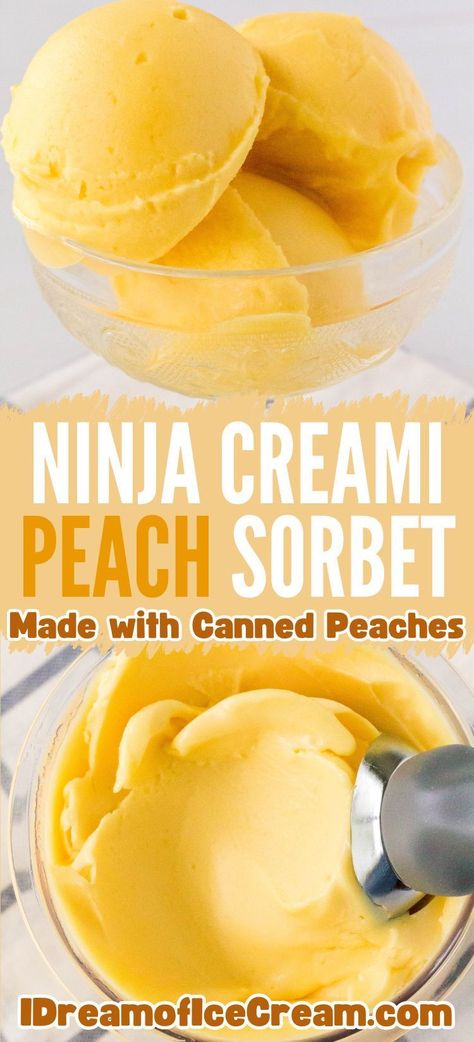 If you haven't made Ninja Creami peach sorbet yet, this summer is the perfect time to do it! Plus, it's crazy easy, thanks to canned peaches. This is a healthy recipe you can enjoy without the guilt! Peach Sorbet Ninja Creami, Sorbet Ninja Creami Recipes, Ninja Creami Sorbet, Peach Sorbet Recipe, Peach Healthy, Frozen Deserts, Ninja Creamy, Ninja Ice Cream Recipe, Frozen Yogurt Recipes