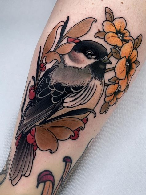 Chickadee Tattoo, Dark Tattoo Ideas, Neo Traditional Art, Neo Tattoo, Flores Tattoo, Dibujos Tattoo, Tattoo Portfolio, Dark Tattoo, Nature Tattoos