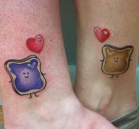 PB&J matching tattoos. But without the heart or whatever's in the corner Cute Best Friend Tattoos, Son Tattoos, Mother Son Tattoos, Matching Best Friend Tattoos, Bestie Tattoo, Wild Tattoo, Stencil Ideas, Tattoo For Son, Bff Tattoos