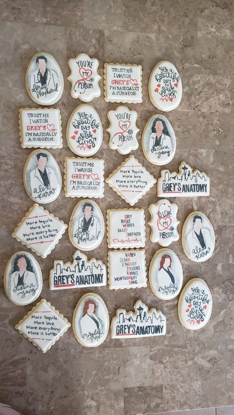 Greys Anatomy Cookies Decorated, Grays Anatomy Party Ideas, Greys Anatomy Bachelorette Party, Greys Anatomy Cookies, Greys Anatomy Birthday Cake, Greys Anatomy Birthday Party Ideas, Bachelorette Theme, Gray's Anatomy, 20 Birthday